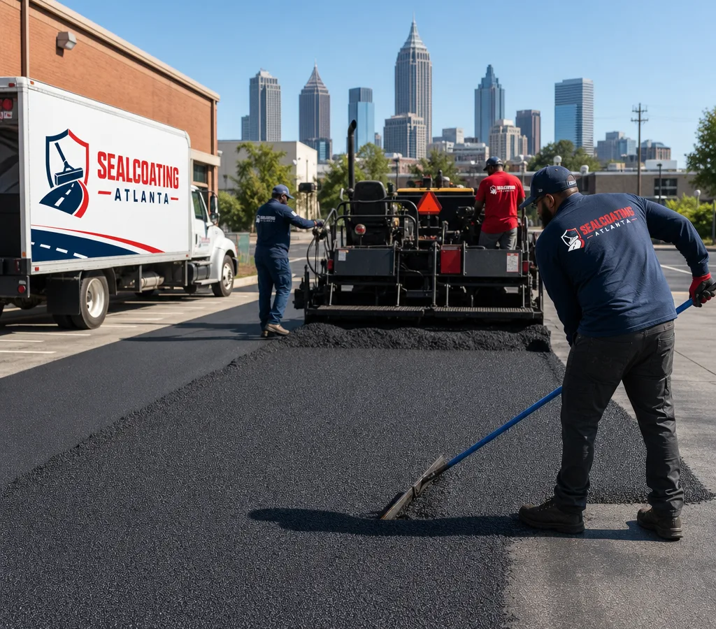 Fresh asphalt being placed and raked on a commercial driveway in Atlanta with a paver and crew