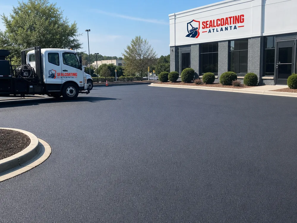 Completed Atlanta commercial parking lot with fresh asphalt, clean curb lines, and smooth mat texture