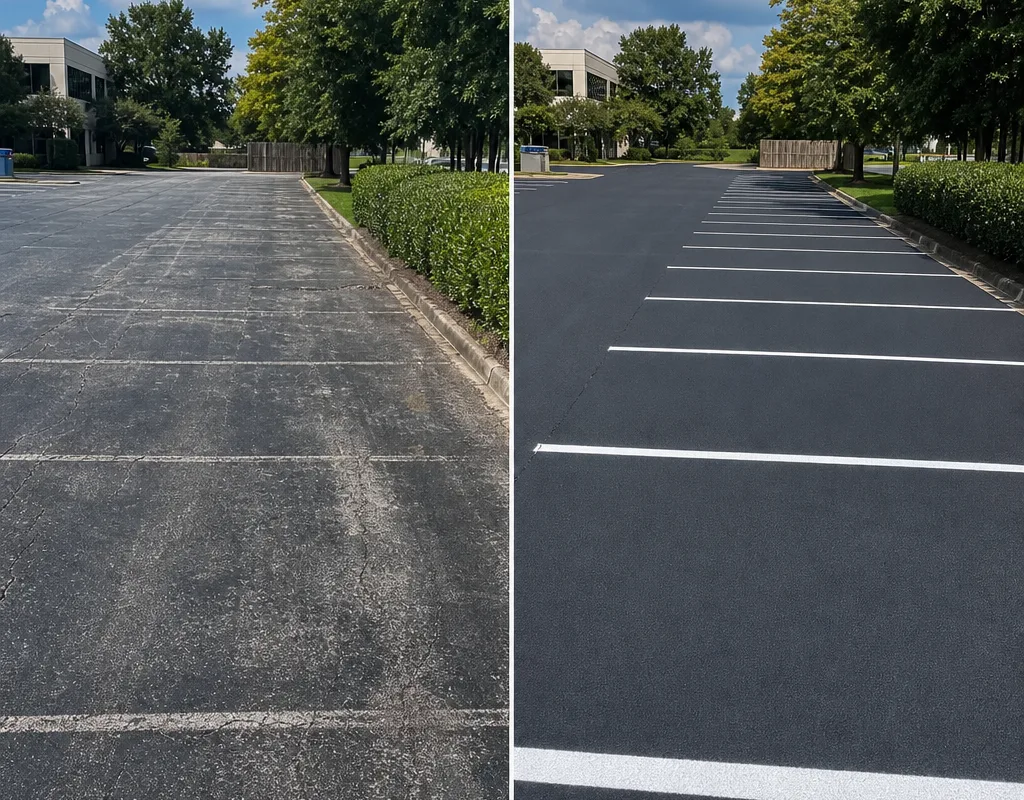 Faded parking area shown before and after restriping with crisp white stall lines and clear stop bars