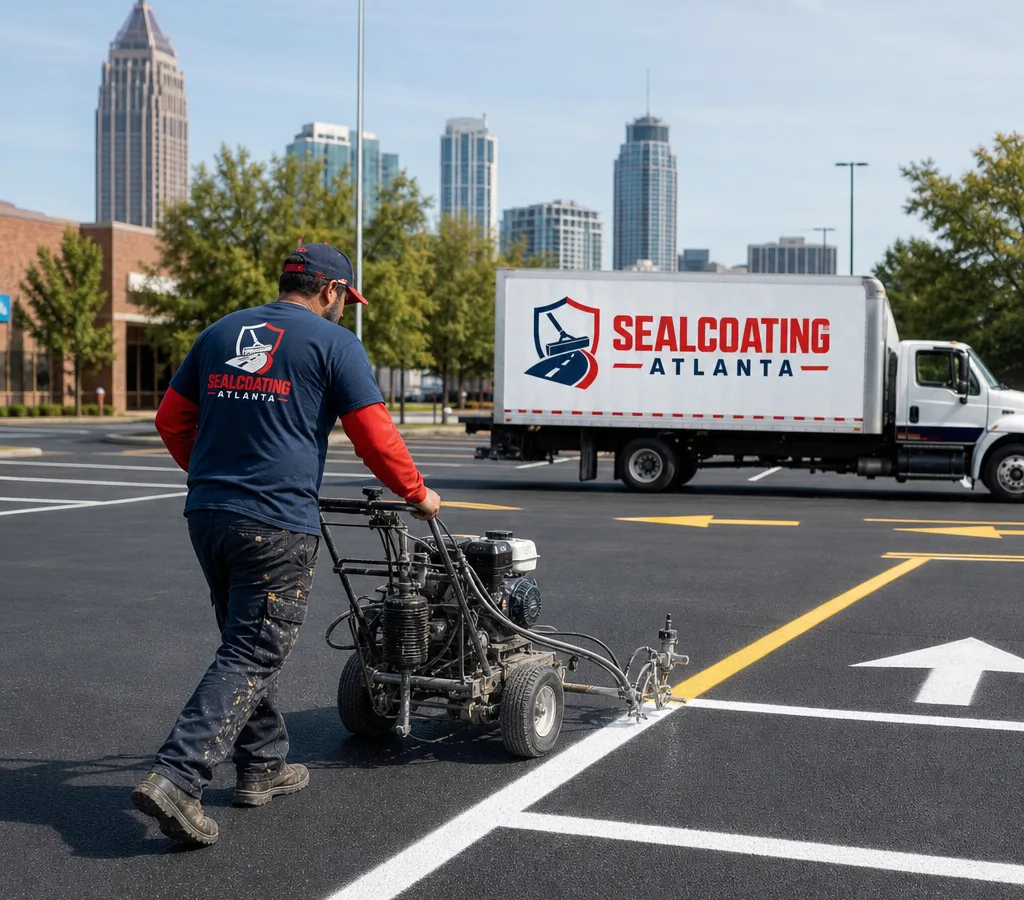 Striping contractor applying fresh white and yellow parking lot lines with a line striping machine on an active commercial lot in Atlanta