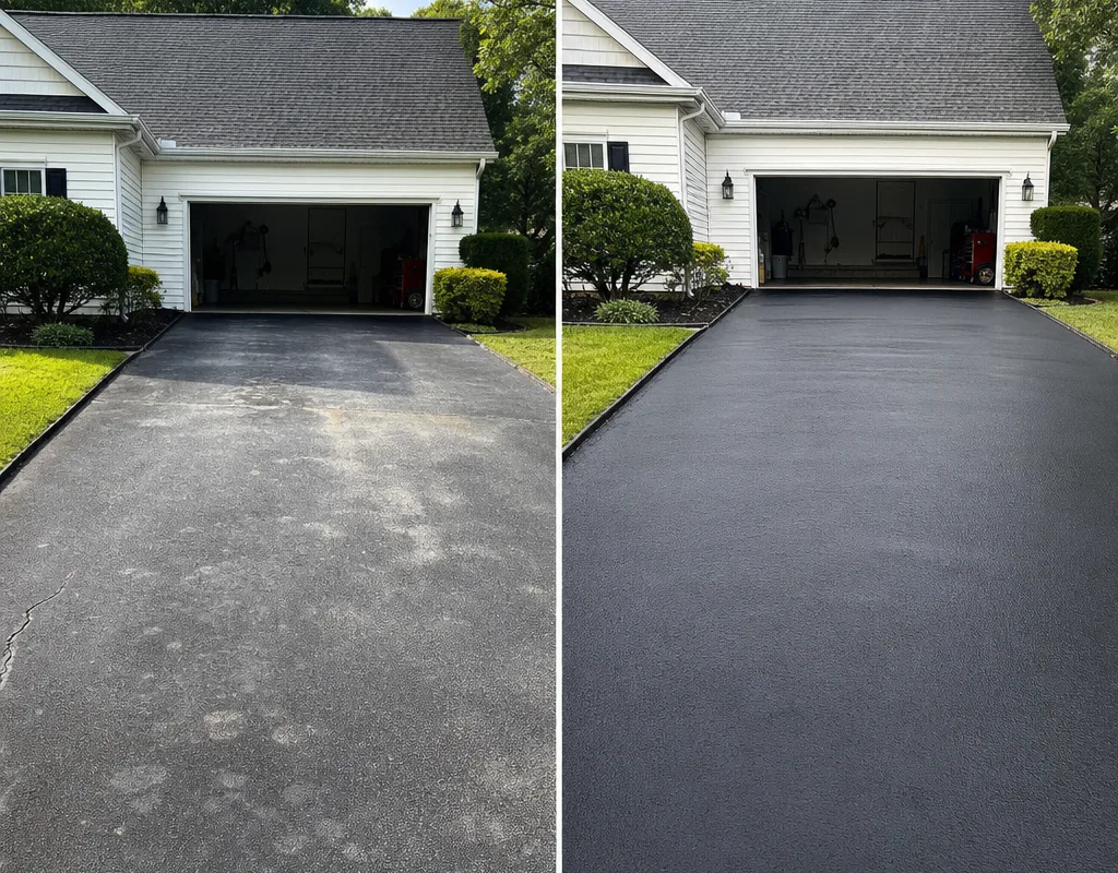 Side-by-side view of a faded gray asphalt driveway before sealcoating and the same driveway afterward with a uniform dark finish and clean edges