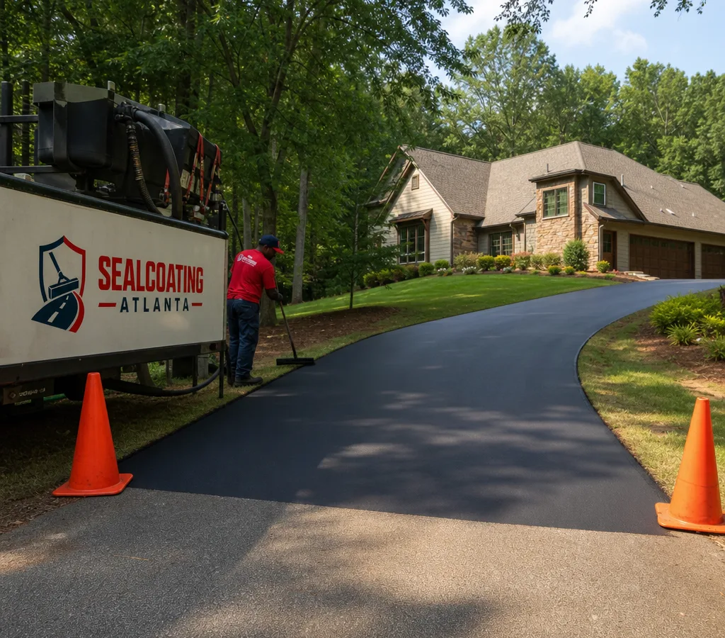 Freshly sealed residential asphalt driveway in Atlanta with crisp hand-cut grass edges, an even matte-black finish, and traffic cones at the entrance