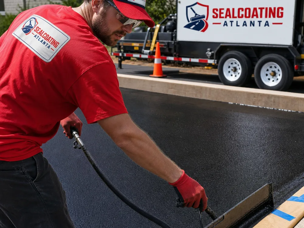 Crew applying sealcoat along a curb line with careful masking and a uniform wet film
