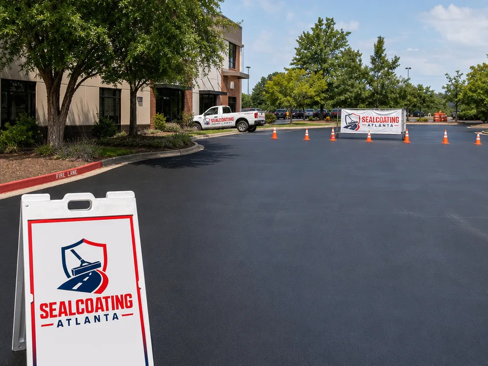 Newly sealcoated Atlanta commercial lot with clean curb edges and cones protecting curing sections