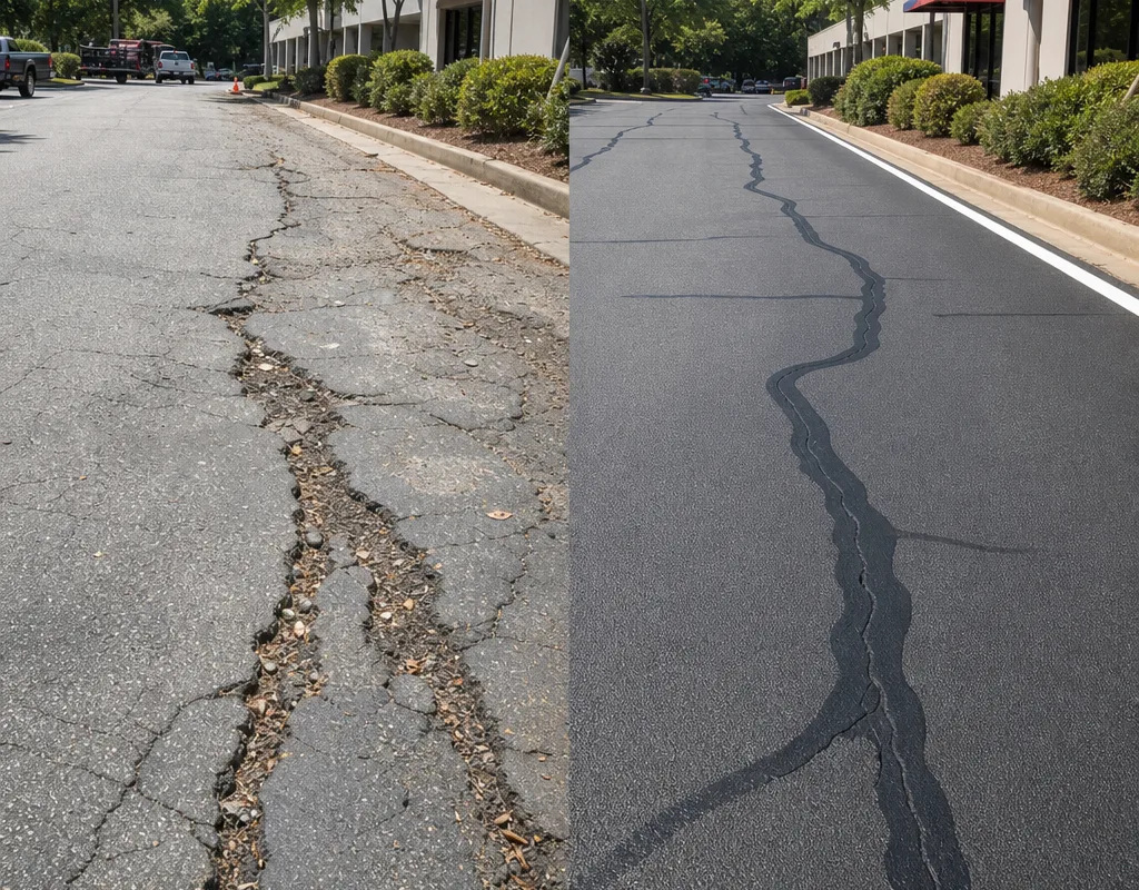 Before and after parking lot drive aisle with open linear cracks followed by cleanly sealed and banded cracks