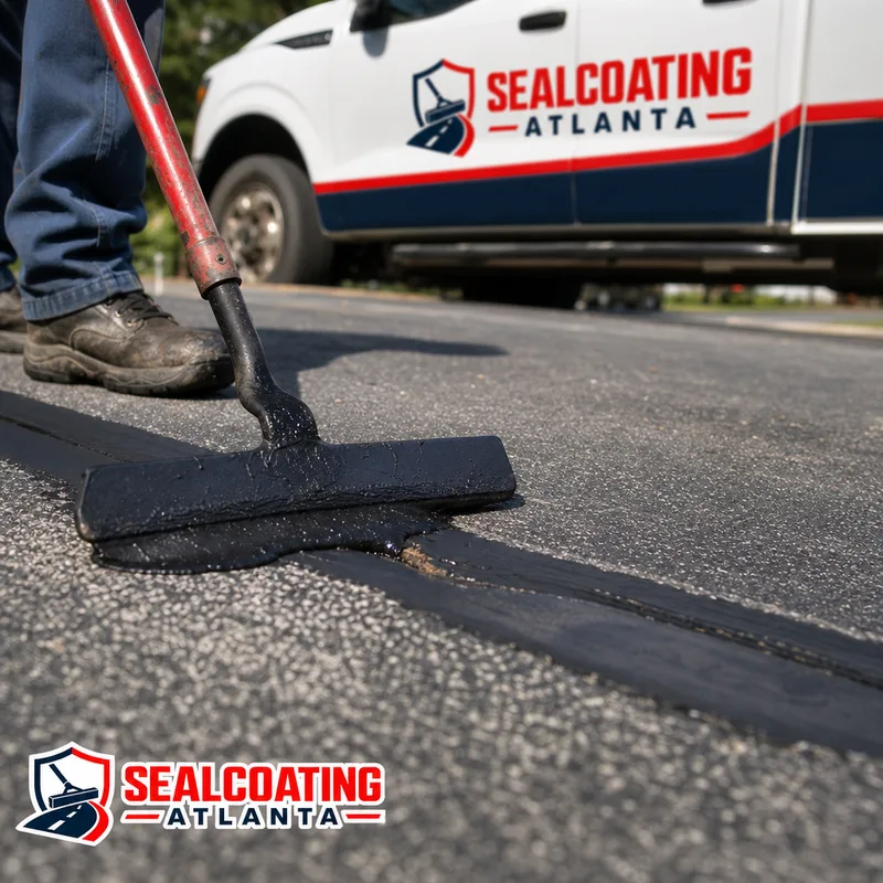 Cleaned asphalt crack being filled with hot rubberized sealant with proper overbanding and a smooth squeegee finish