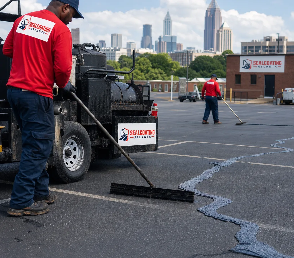 Crew performing hot-applied crack filling on an Atlanta parking lot with a melting kettle and clean routed cracks