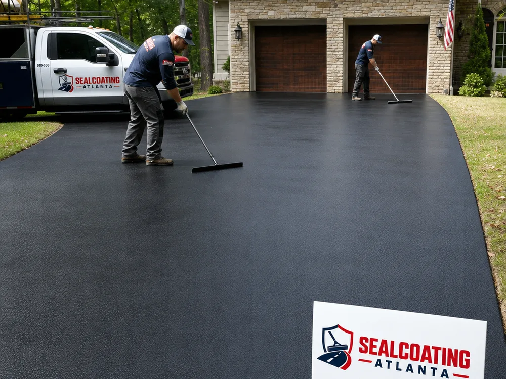 Finished residential driveway with multiple cleanly filled cracks and a smooth squeegee finish