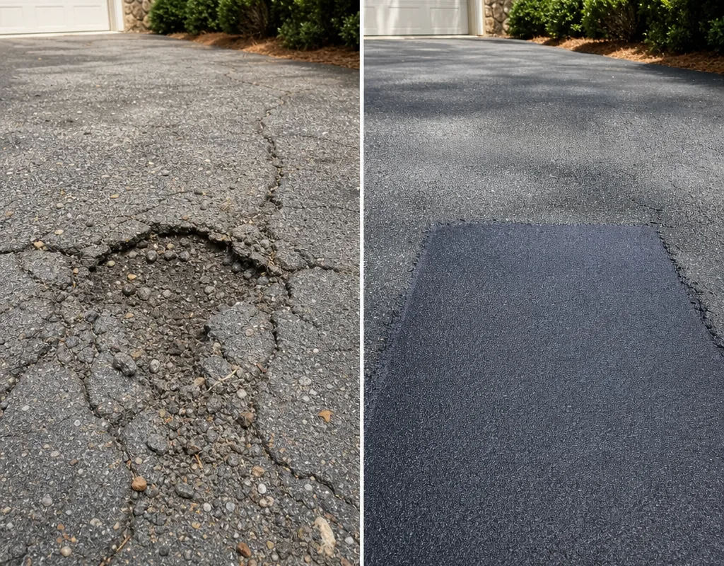 Before and after of a raveled driveway pothole repaired with a clean-edged full-depth asphalt patch