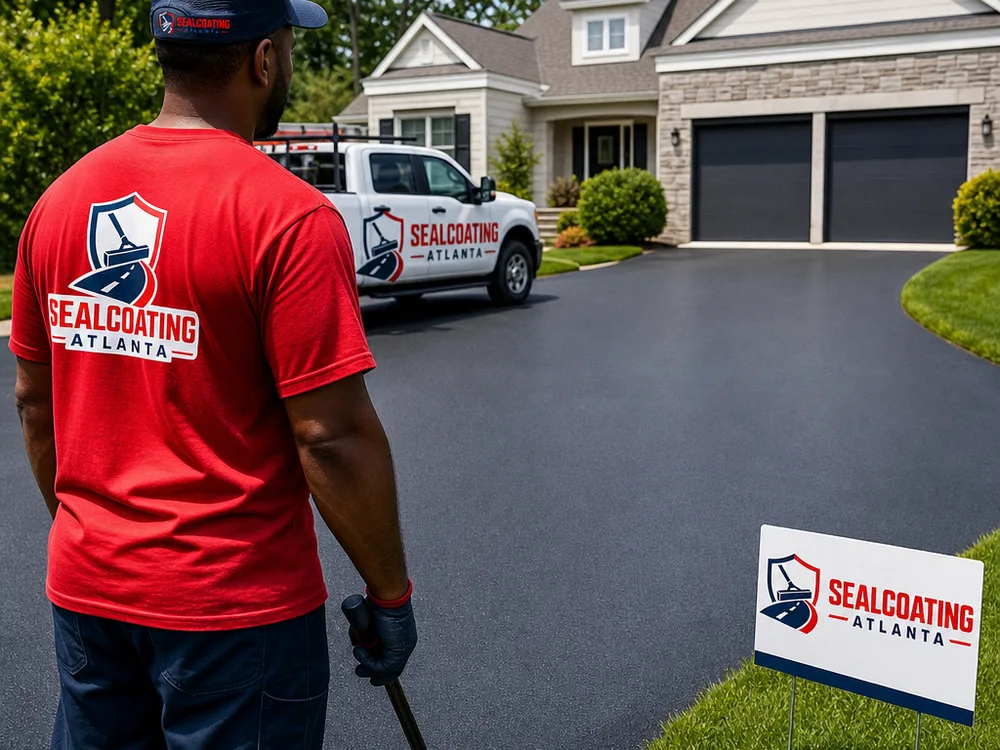 Repaired asphalt driveway with blended patches across turning zones, tidy lawn edges, and positive drainage