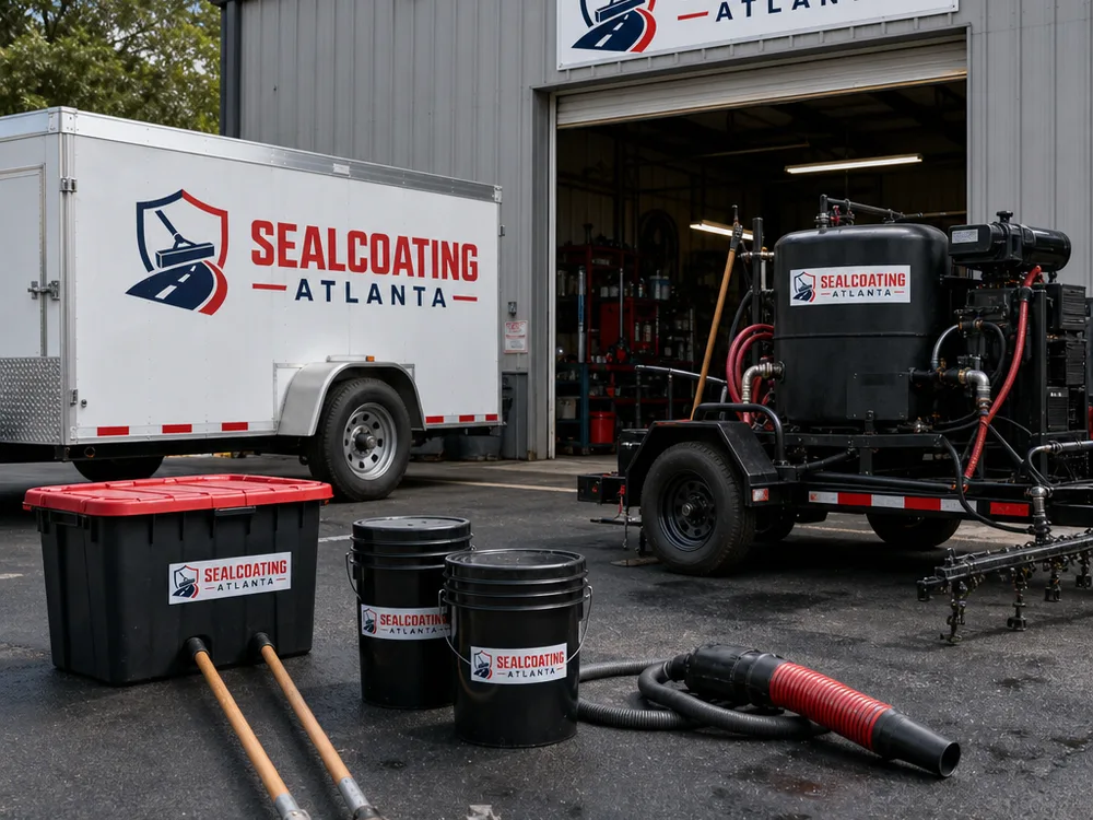 Sealcoating team staging equipment and materials before leaving for an Atlanta job site
